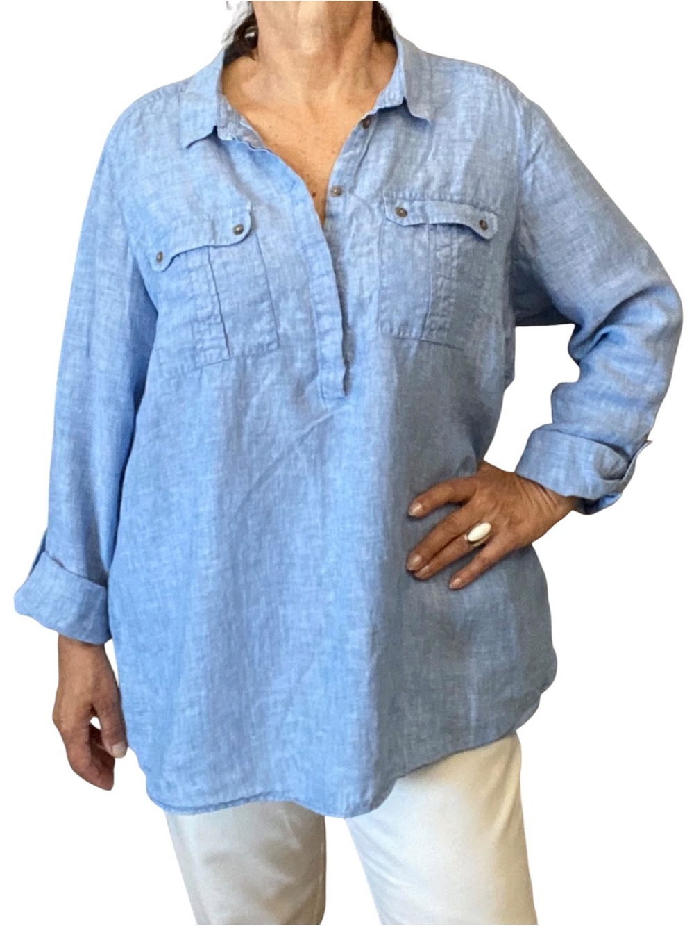 100% Linen Women’s Light Blue Tunic with Chest Pockets Size UK24 or XXL